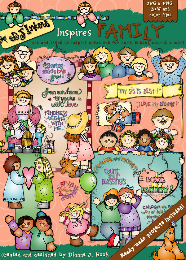 Colorful collage of cartoon families and children with inspirational phrases about love, kindness, and family bonding.