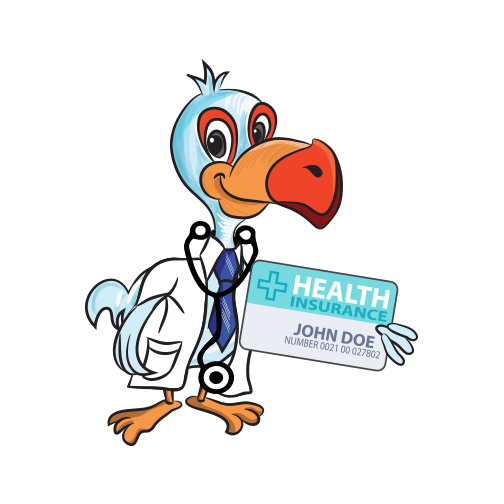 Cartoon toucan in doctor's coat holding a health insurance card labeled "John Doe".