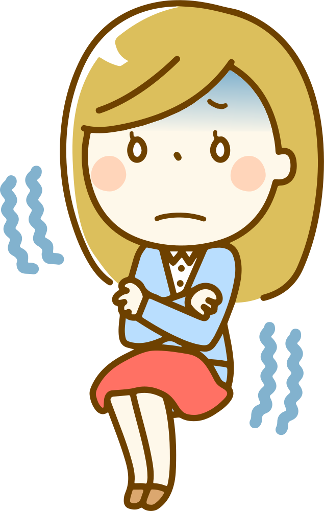 A worried cartoon woman shivering with cold, arms crossed, blue wavy lines indicating chill around her.