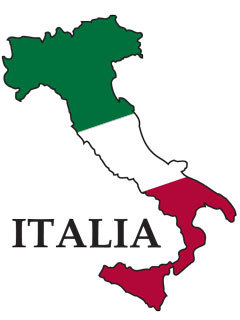 Map of Italy colored with green, white, and red stripes of the national flag, labeled "ITALIA".