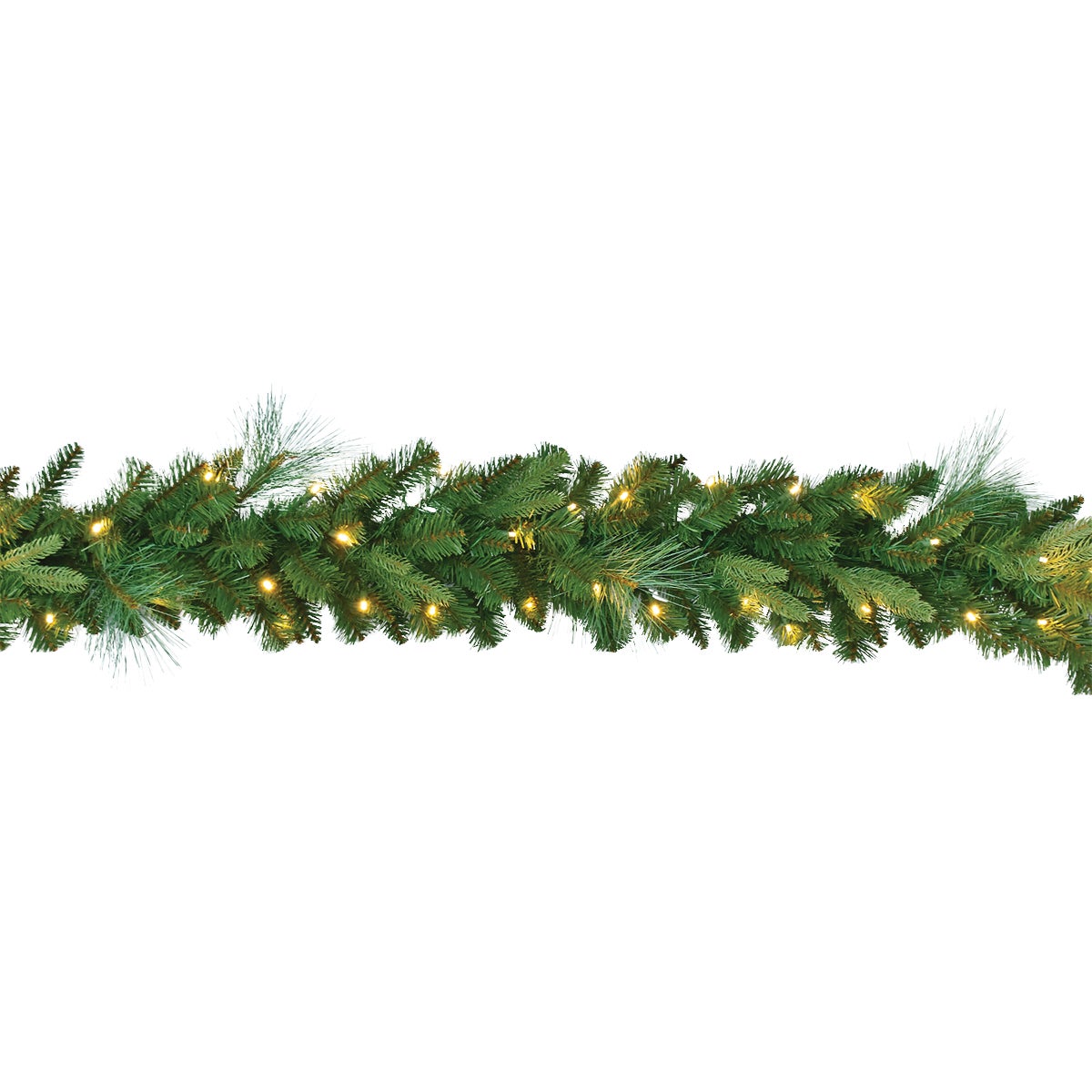 Green pine garland with warm white LED lights, ideal for holiday decor and mantel styling.