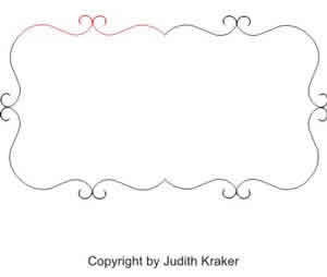 Decorative ornamental border frame with swirling flourishes and heart motif, black and red line art on white background.