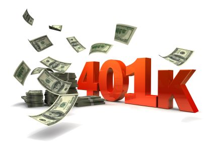 3D red "401K" text with U.S. dollar bills flying and stacked around it on white background.