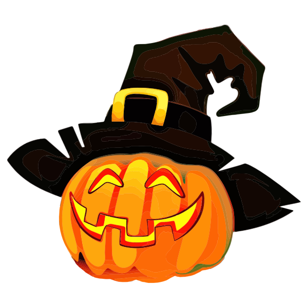 Glowing jack-o'-lantern with a witch hat, smiling with carved eyes and jagged mouth.