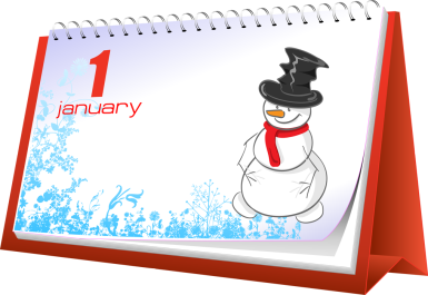 January 1 calendar page with a smiling snowman wearing a top hat and red scarf, snowy floral border on white background.