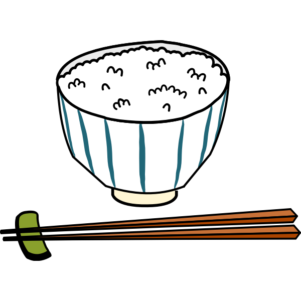 A striped ceramic bowl filled with steamed white rice, accompanied by wooden chopsticks with a green rest on a black background.