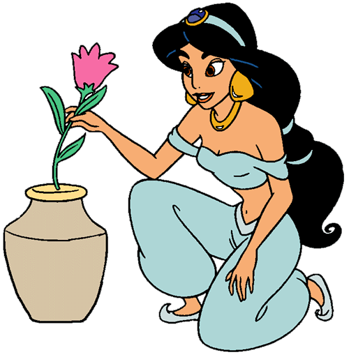 Princess Jasmine kneeling beside a clay vase, gently holding a pink flower with a joyful expression.