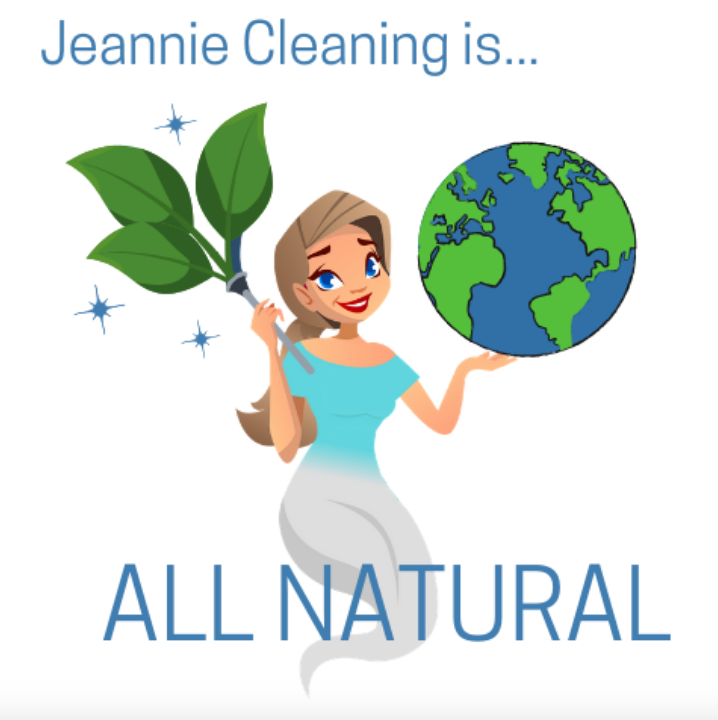 Cartoon woman holding leafy cleaning tool and Earth globe, with text "Jeannie Cleaning is... ALL NATURAL"