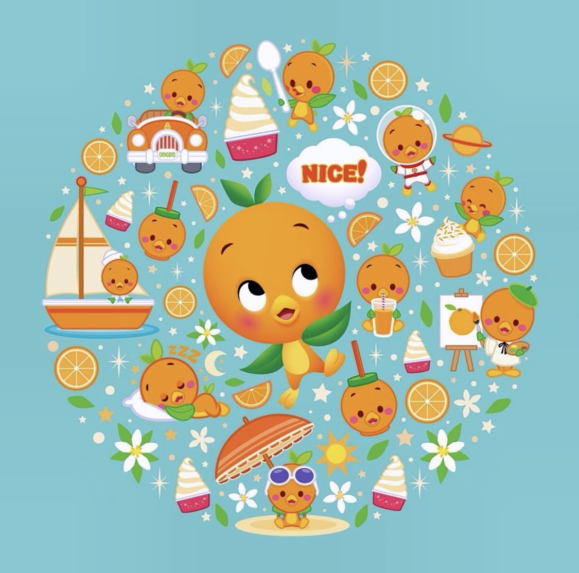 A cheerful orange-themed illustration featuring a central cartoon orange character surrounded by playful orange-themed scenes and objects.