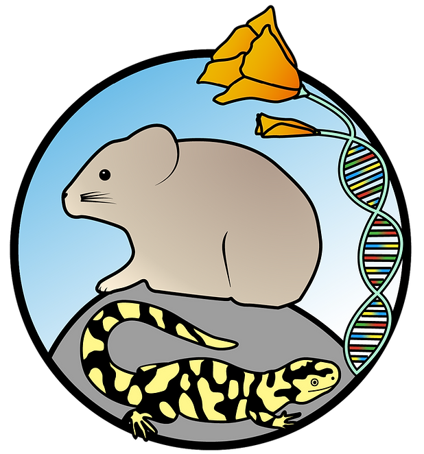 Illustration of a kangaroo rat and California tiger salamander with DNA helix and poppy flowers in a circular emblem.
