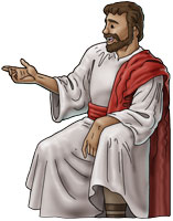A bearded man in white robes with a red sash, seated and gesturing as if teaching or preaching.