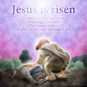 Jesus rises and greets the disciples, who fall at His feet in worship; soft purple sky and green landscape backdrop.