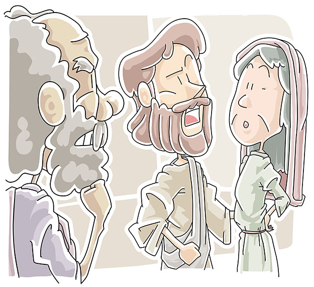 Cartoon illustration of Jesus speaking passionately to a skeptical elder and a listening woman, evoking a biblical teaching scene.