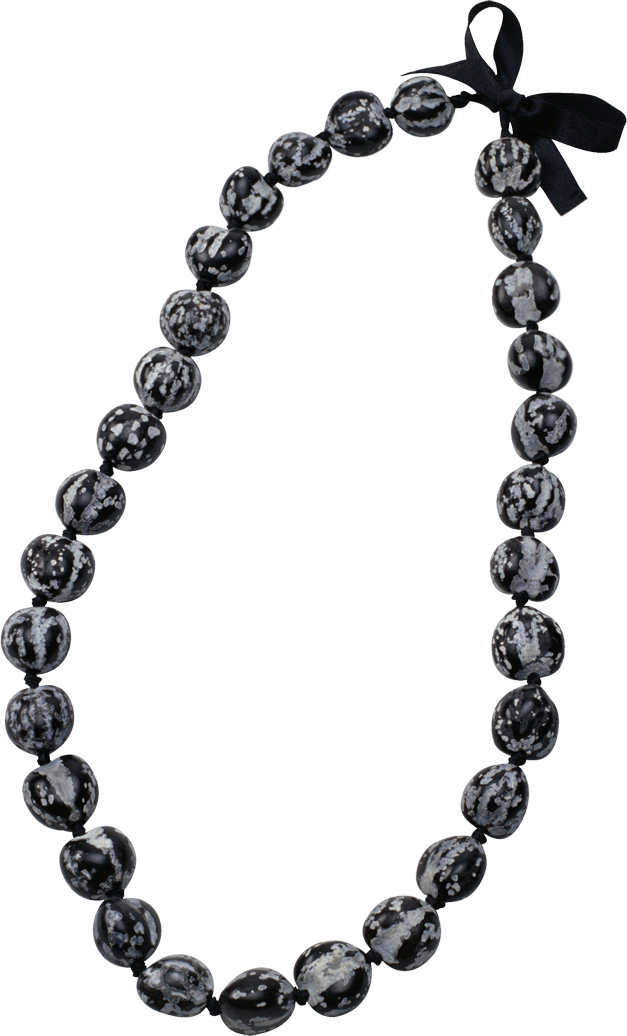 Black and white speckled stone bead necklace with a black satin ribbon bow closure.