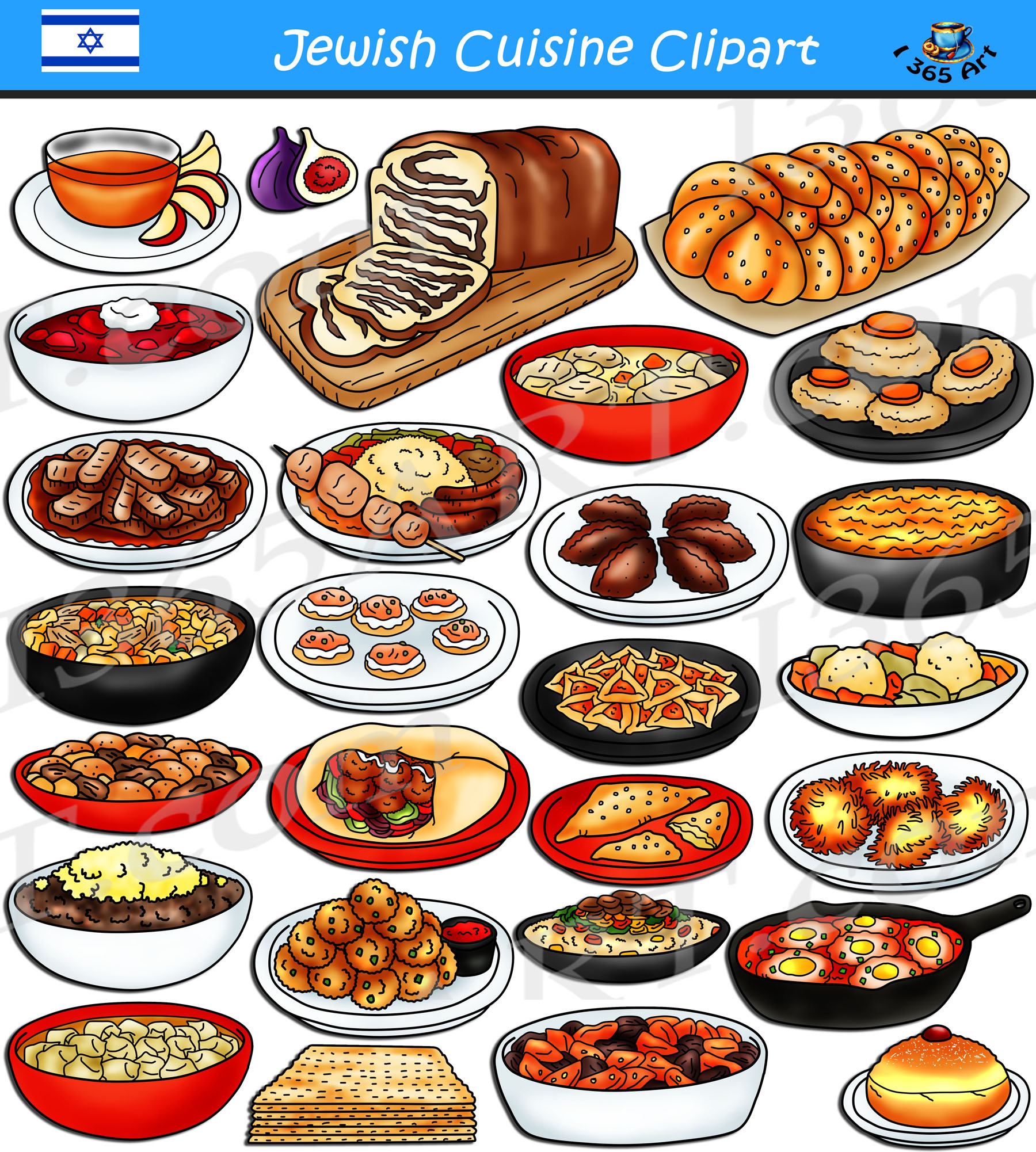 Illustrated collection of traditional Jewish dishes including challah, matzo ball soup, latkes, kugel, and more.