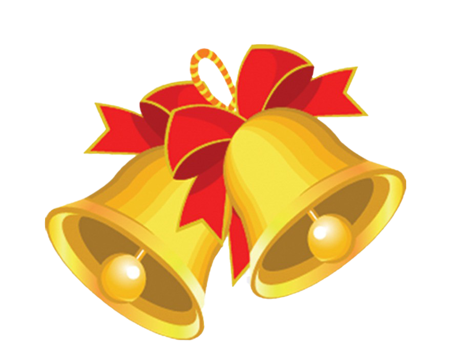 Two golden Christmas bells tied with a red ribbon bow, festive and shiny.