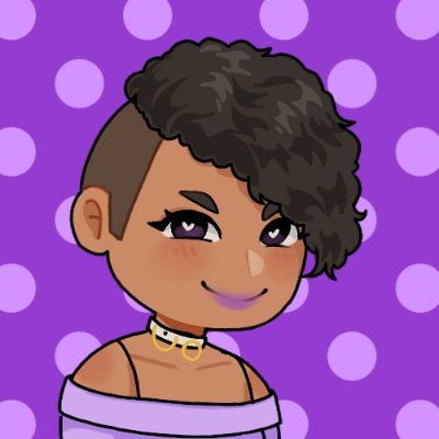 Cartoon-style character with short curly dark hair, purple eyes, and a lavender off-shoulder top against polka-dot background.