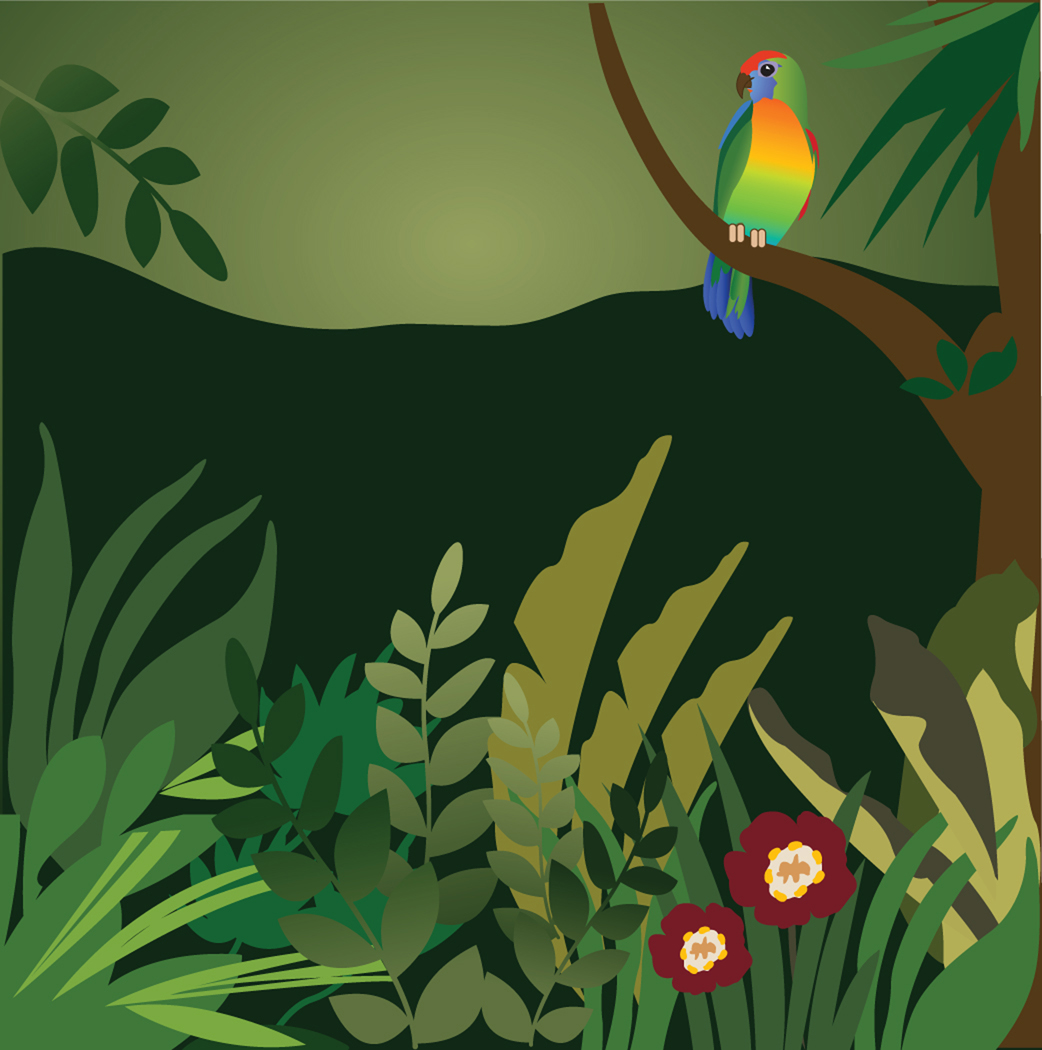 A vibrant rainbow lorikeet perches on a branch above lush jungle foliage and red flowers.