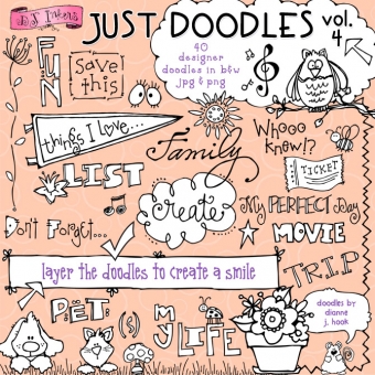 Hand-drawn doodle collage with playful text, animals, and creative prompts from "Just Doodles Vol. 4" by Diane A. Hook.