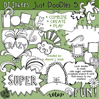 DJ Inkers Just Doodles 5 digital clipart pack with playful hand-drawn doodles, hearts, stars, speech bubbles, and decorative frames on green background.