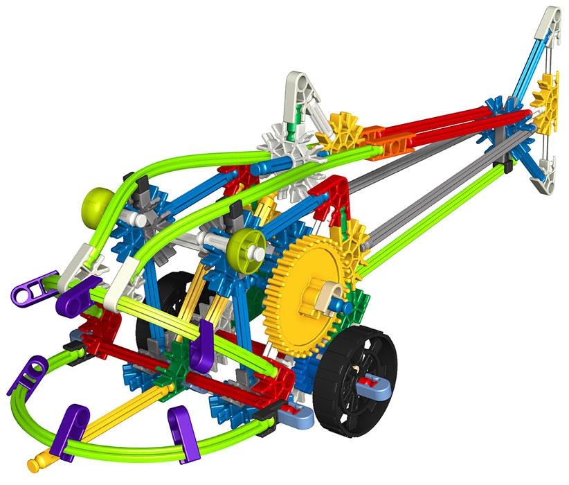 Colorful K'NEX mechanical model with gears, wheels, and articulated arms on white background.