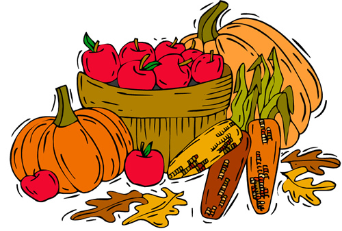 Autumn harvest scene with pumpkins, apples in a wooden basket, corn on the cob, and fall leaves.