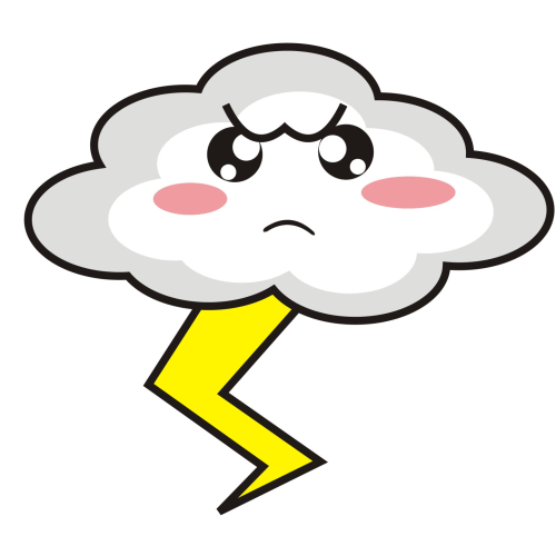 Angry cartoon cloud with furrowed brows, rosy cheeks, and a yellow lightning bolt striking downward.