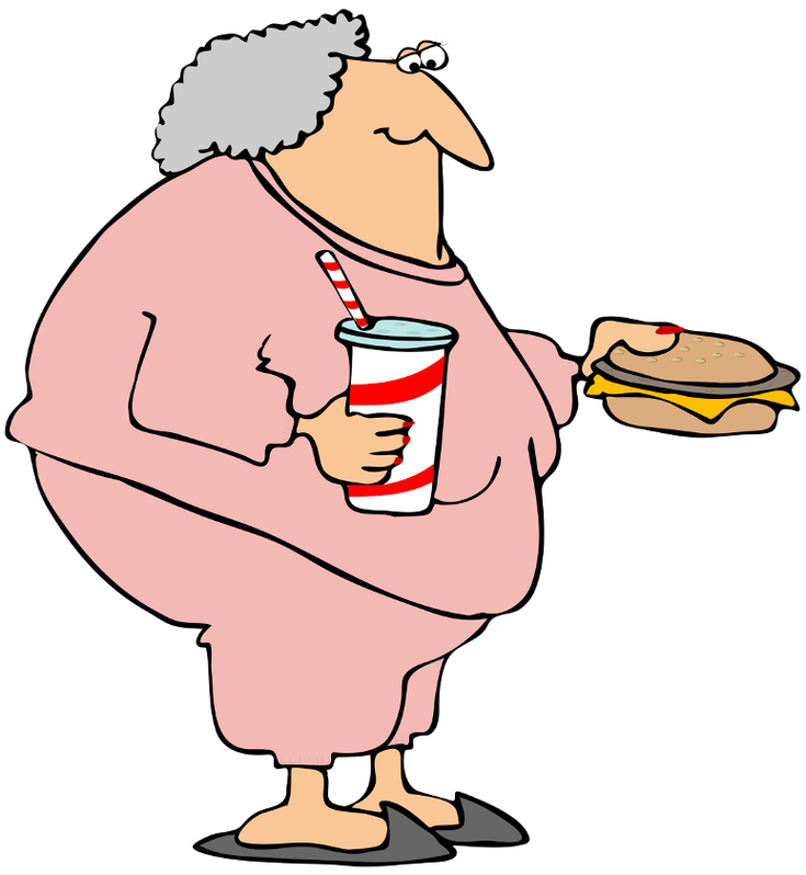 Overweight elderly woman holding a cheeseburger and soda with straw, wearing pink robe and slippers.