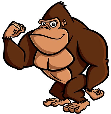 Muscular cartoon gorilla flexing bicep with confident smile, brown fur, upright stance.