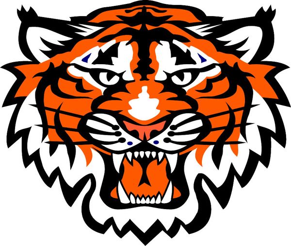 Fierce orange and black tiger head logo with sharp teeth and intense eyes, stylized for sports or branding.