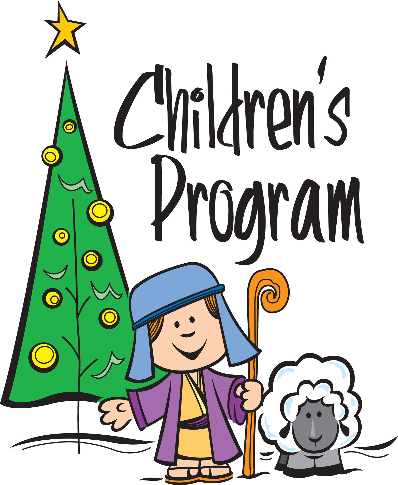 Cartoon shepherd with sheep beside decorated Christmas tree and "Children's Program" text.