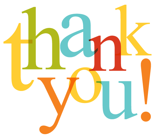 Colorful overlapping text spelling "thank you!" in playful serif font on white background.
