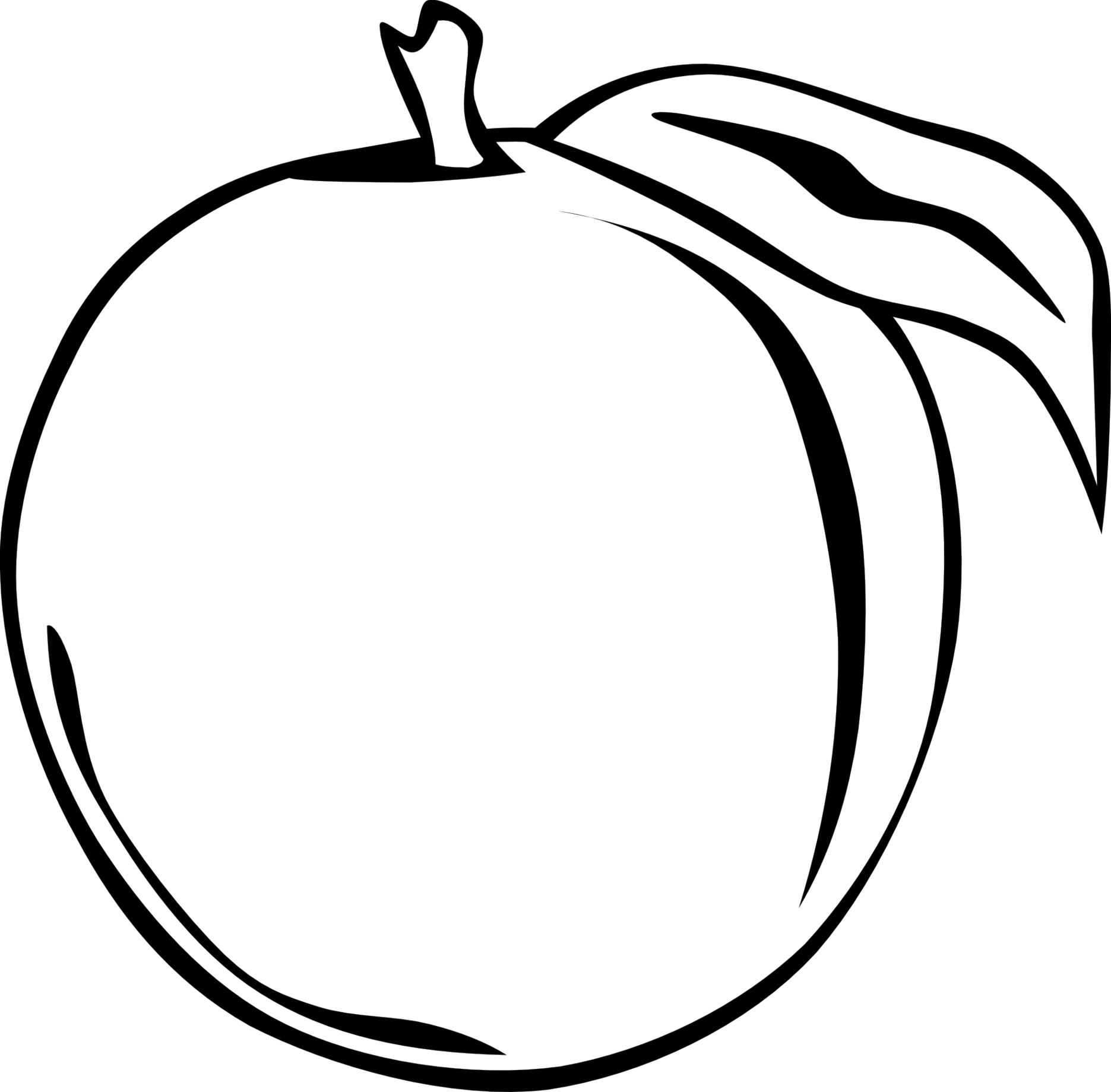 White silhouette of a peach with stem and leaf on black background.