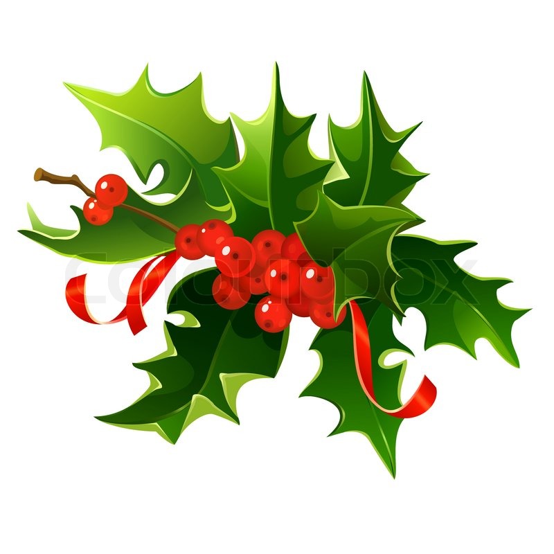 Festive holly sprig with glossy green leaves, bright red berries, and a red ribbon bow on white background.