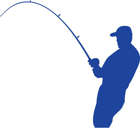 Silhouette of a person fishing with a bent rod, indicating a catch, in solid blue against white background.