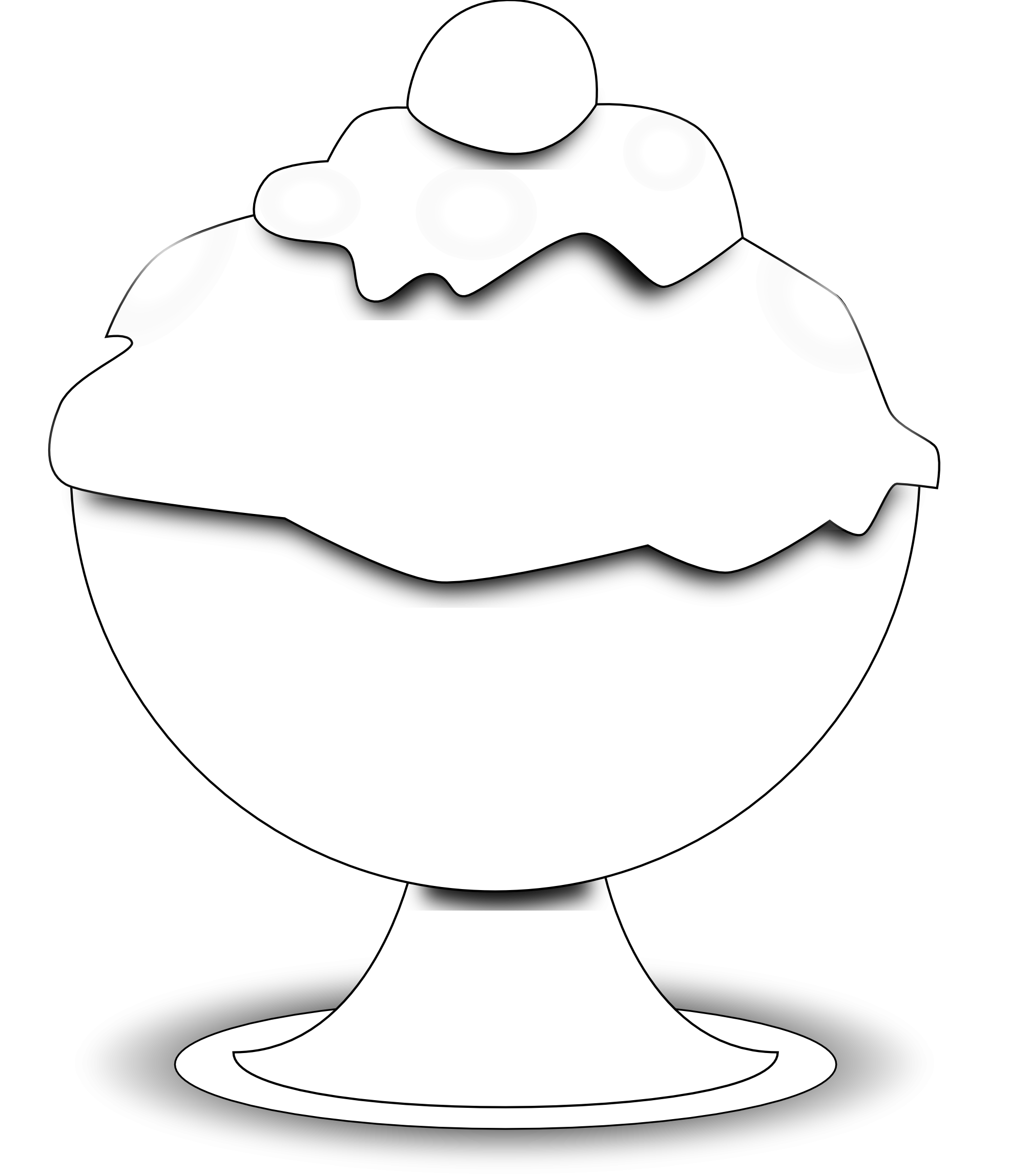 Black-and-white line drawing of a sundae in a footed glass bowl with whipped cream and a cherry on top.