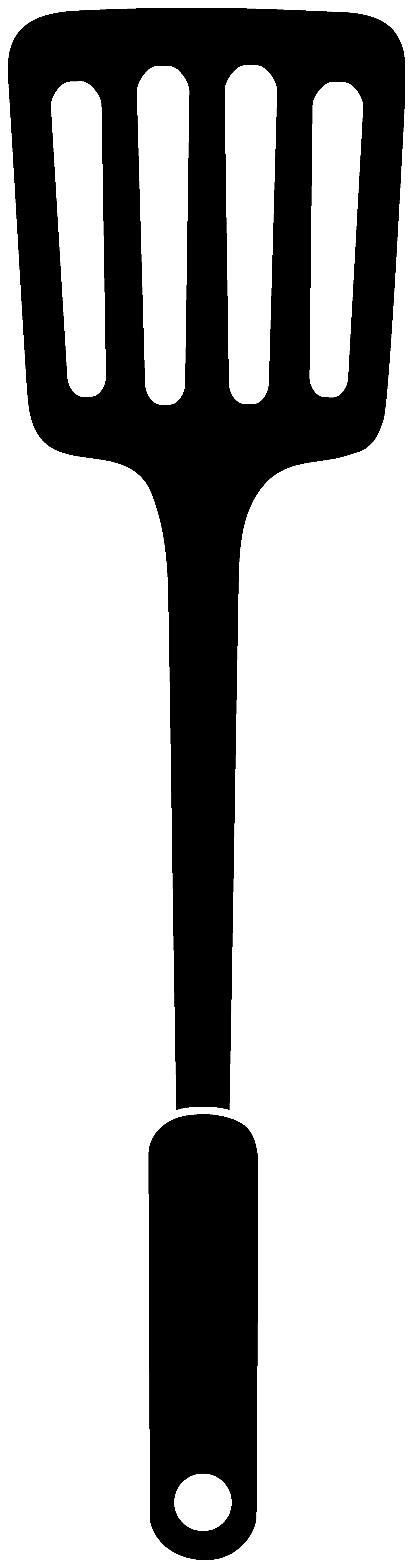 Black silhouette of a kitchen spatula with four slots and a hanging hole in the handle.