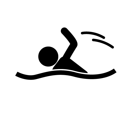 Black silhouette icon of a person swimming freestyle with arm raised and water waves.