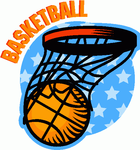 Orange basketball going through a hoop with net, blue starry background, and "BASKETBALL" text above.