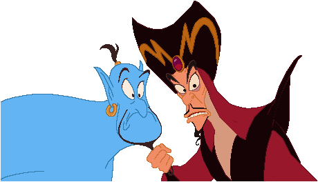 Jafar and the Genie face off in a tense confrontation, with Jafar glaring angrily and the Genie looking surprised.