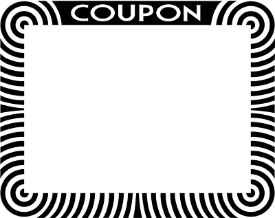 Black-and-white coupon template with bold "COUPON" header and hypnotic spiral border design.