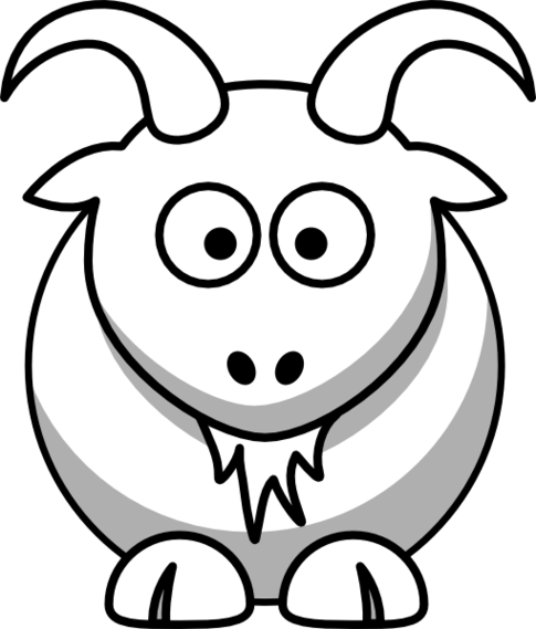 Friendly cartoon goat with curved horns, large eyes, and a smiling face on black background.