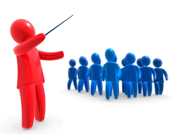 Red figure with pointer directing a group of blue figures, symbolizing leadership or instruction.