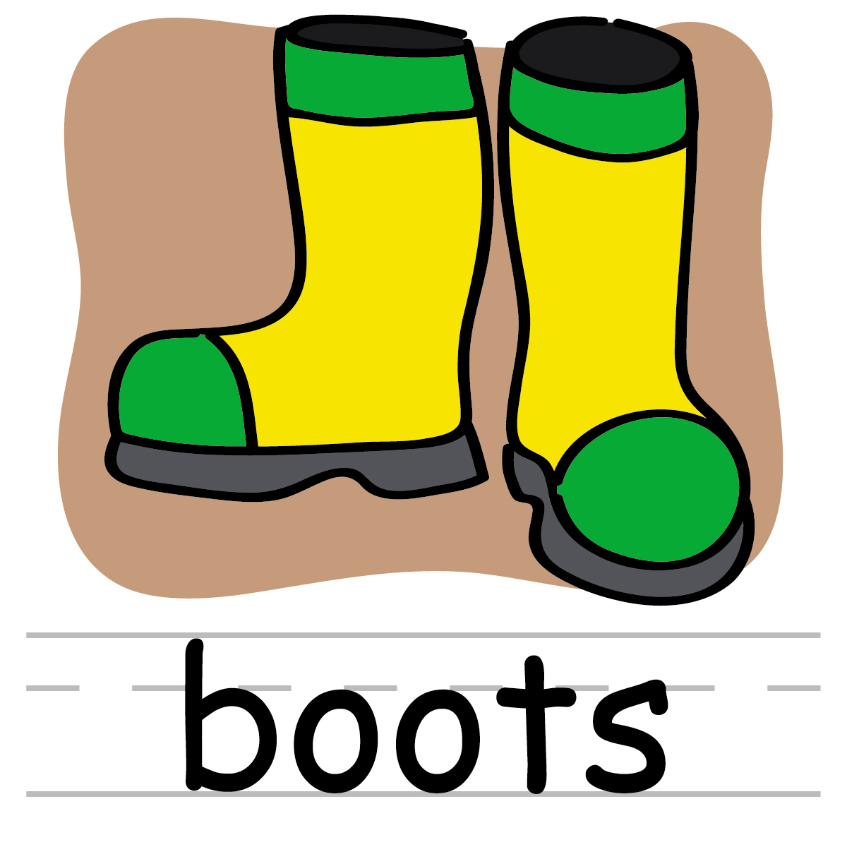 Yellow and green rain boots with black soles on a tan background, labeled "boots".