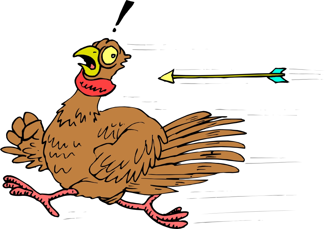 A cartoon turkey running in panic as an arrow flies toward it, with an exclamation mark above its head.