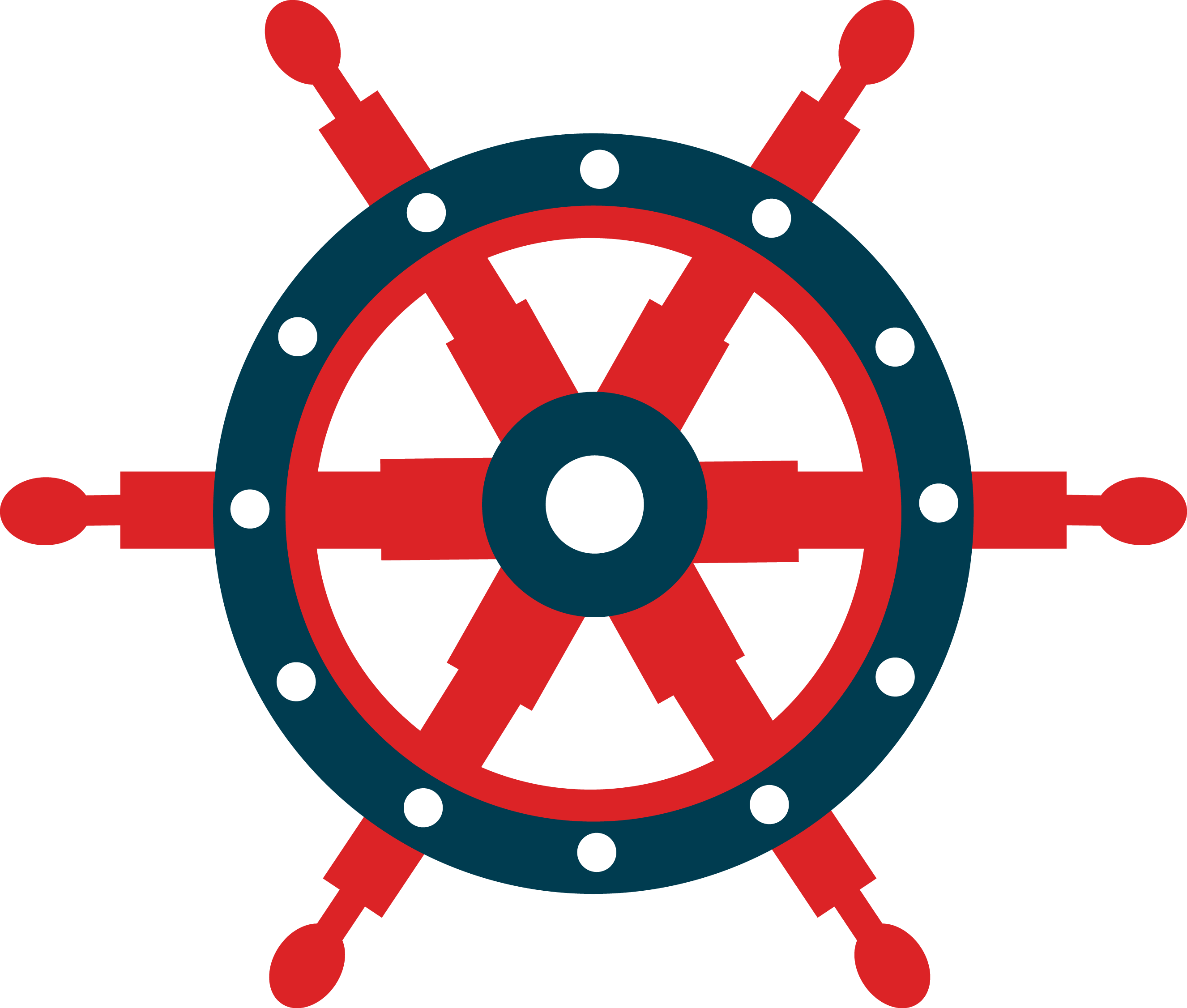 Stylized red and navy mechanical robot head with horns, rivets, and segmented arms.