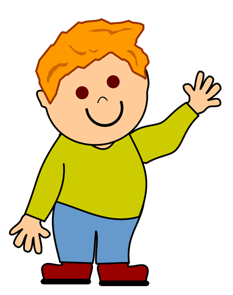 Smiling cartoon boy with orange hair waving, wearing green shirt, blue pants, and red shoes.