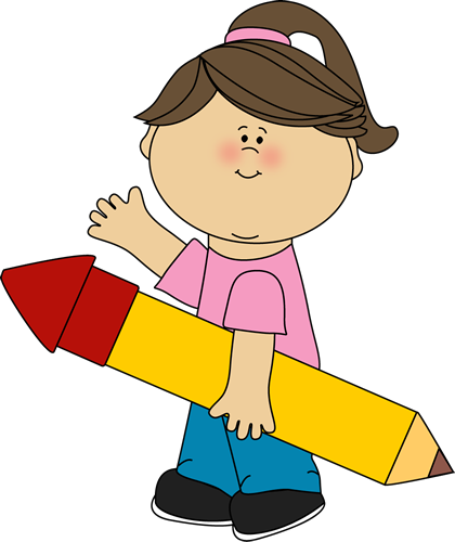 Smiling girl with brown hair in a ponytail holding a giant yellow pencil and waving.