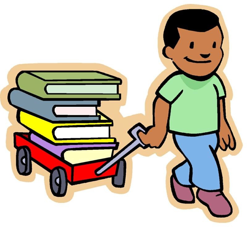 A smiling child in a green shirt pulls a red wagon loaded with colorful books.