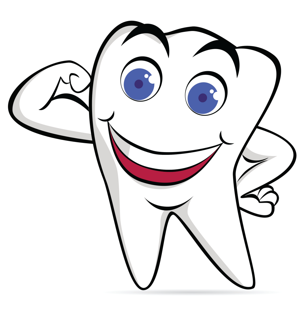 Cheerful cartoon tooth with blue eyes, big smile, and flexing arm, symbolizing dental health and strength.
